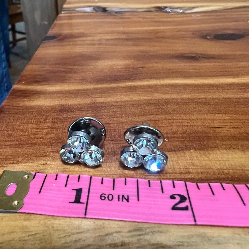 Vintage‎ Silver Tone Clear Rhinestone Cluster Lapel Pins Collar Studs Set of 2